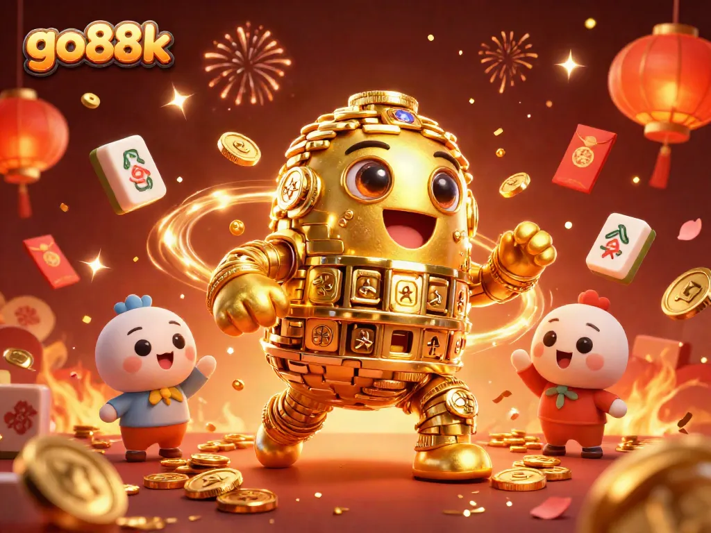Engage with go88k's thrilling golden golem amidst exciting mahjong tiles and celebratory effects.