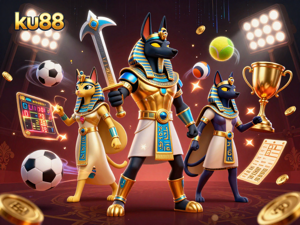 Engage with ku88 sports betting action featuring Anubis and Bastet in an electrifying scene.
