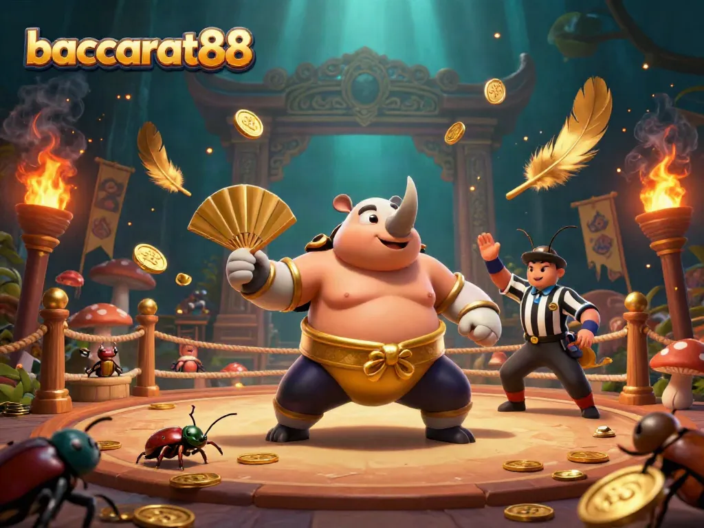 Baccarat88 scene showcases a lively beetle sumo match, emphasizing dynamic gaming energy.