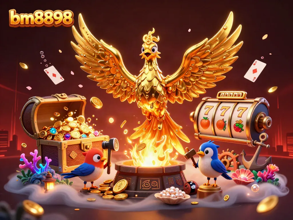 Engage with bm8898's dynamic golden phoenix and casino-themed elements in this vibrant illustration.
