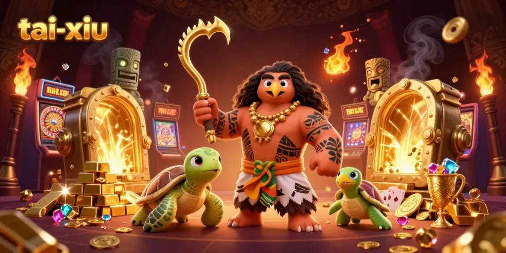 Win big with tai-xiu in an ultra-detailed 3D casino scene showcasing vibrant characters and rich gameplay elements.