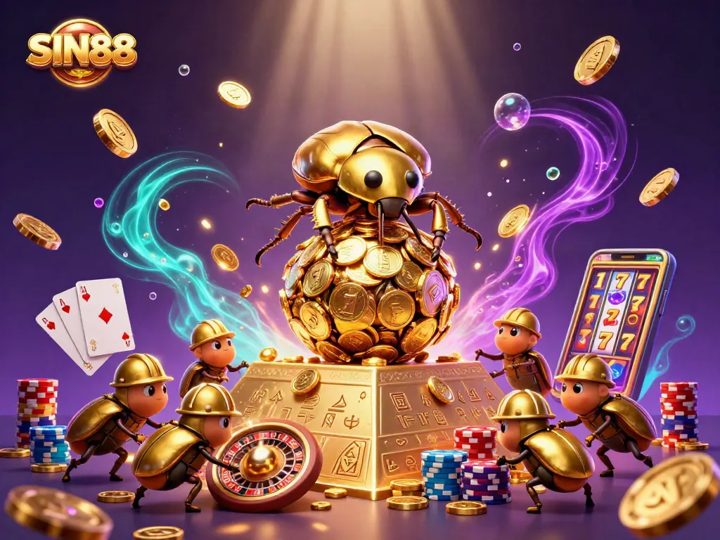 SIN88 showcases a vibrant 3D illustration of a golden dung beetle surrounded by cascading gems and coins.