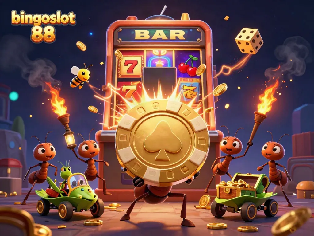 Visualisasi bingoslot 88 dengan tim semut 3D mencuri chip poker raksasa dalam dunia kasino.