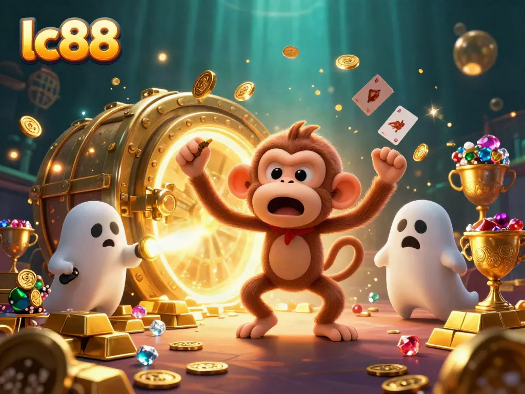lc88 showcases a mischievous monkey juggling golden casino items in a haunted ambiance.
